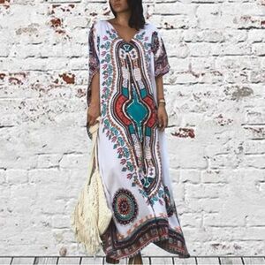 Boho Tribal Maxi Caftan Dress Bathing Suit Cover Up One Size
